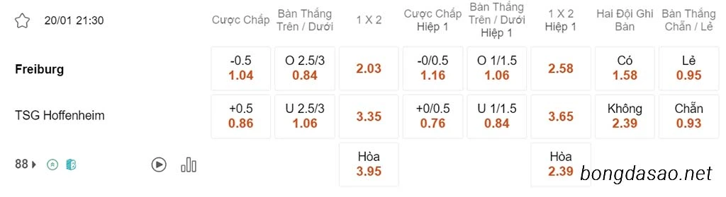 Soi kèo xiên ngày 20/01 Freiburg vs Hoffenheim, 21h30, Bundesliga